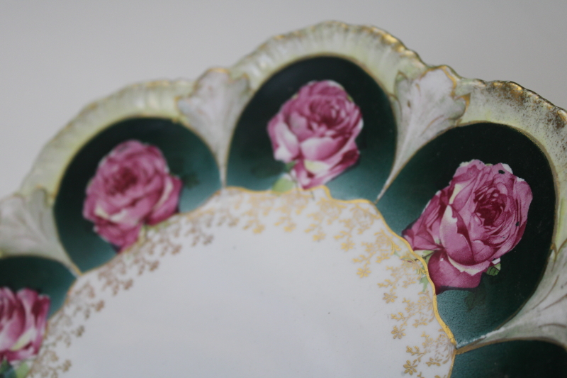 ornate roses mismatched china plates  cake trays, antique vintage Victorian florals shabby chic