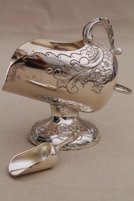 ornate sugar scuttle bowl, gold lined vintage silver plate sugar scoop