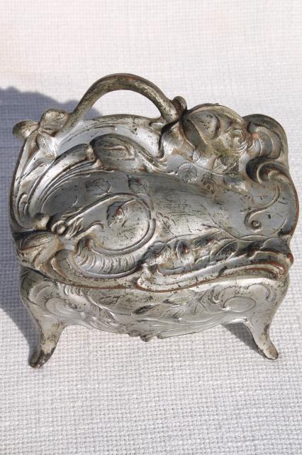 ornate vintage cast metal jewelry box w/ art nouveau rose, worn antique silver patina