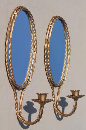 oval mirror wall sconces, vintage gold rope twist candle sconces w/ framed mirrors