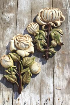 oversized flowers vintage chalkware plaques, rustic white shabby cottage farmhouse decor wall art