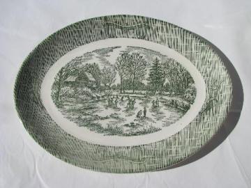 ox-bow oval platter, vintage green & white Currier & Ives scene china