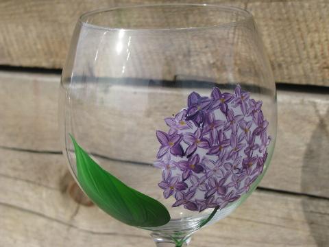 painted flowers pink, blue, ivory, lavender floral wine glasses set