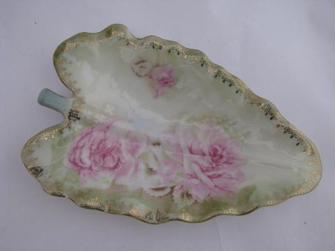 painted pink roses china, vintage plates & dishes for soap etc, leaf dish nest