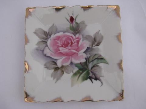 painted pink roses china, vintage plates & dishes for soap etc, leaf dish nest