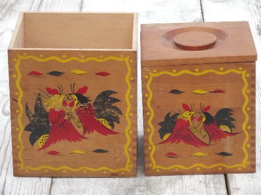 painted roosters wood canisters, shabby country vintage kitchen canister set 