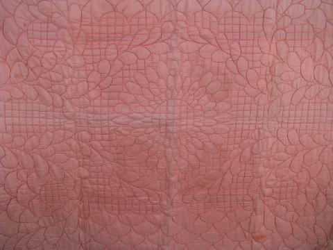 pair 1930s vintage hand-stitched rose taffeta quilt comforters, wool filled