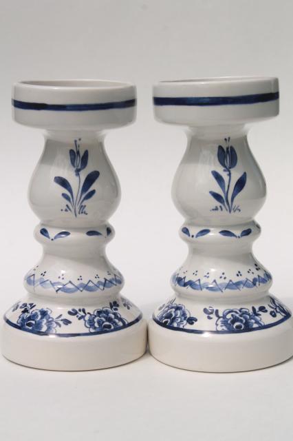 pair Delft blue & white pottery candlesticks for 70s vintage chunky pillar candles