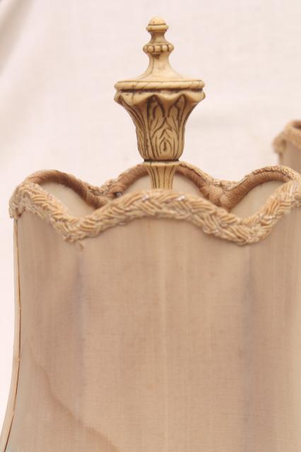 pair Edwardian vintage wire lampshades in shabby original antique fabric, bullion trim