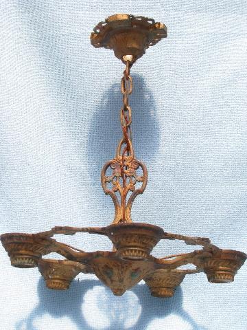 pair antique Eastlake cast iron chandelier lights w/ original painted finish