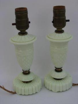 pair antique electric Akro Agate custard glass vanity lamps