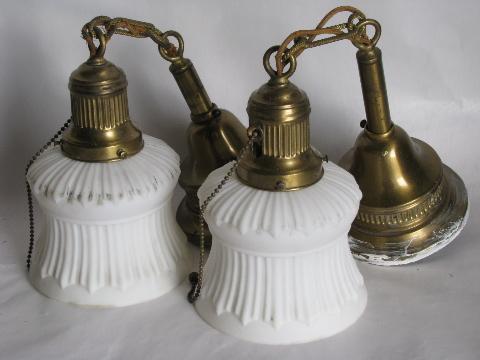 pair antique electric embossed brass pendant lights, old satin glass lamp shades