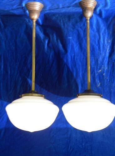 pair antique industrial vintage lighting, brass pendant fixtures w/shades