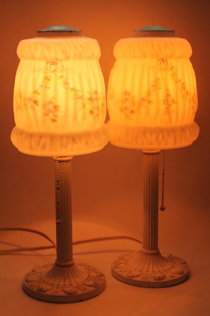 pair antique vintage cast iron boudoir lamps w/ painted puffy glass lamp shades