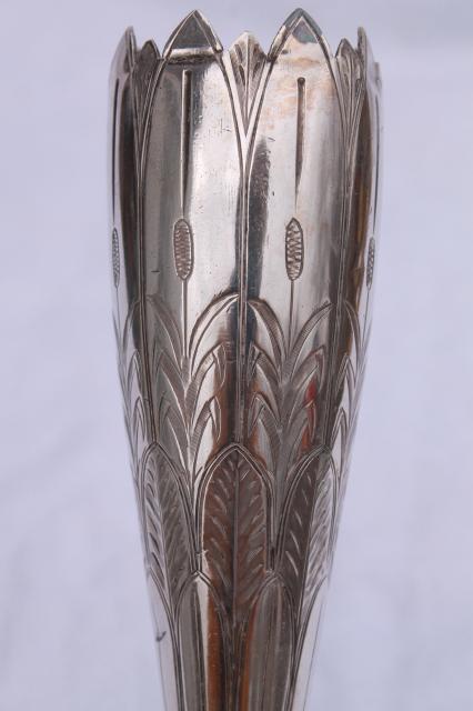 pair art nouveau bud vases, antique vintage silver plate Rogers & Smith New Haven