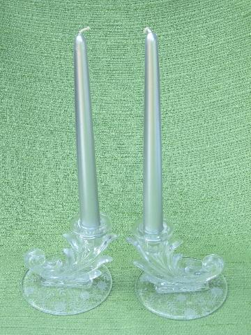 pair baroque Fostoria candlesticks, crystal etch glass candle holders
