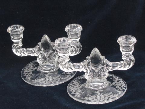 pair branched candlesticks, vintage etched or wheel-cut floral chintz glass