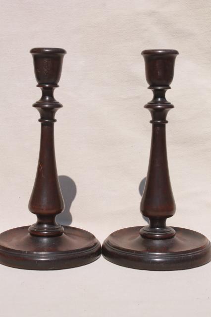 pair early 20th century vintage walnut wood candlesticks w/ lovely old french polish finish
