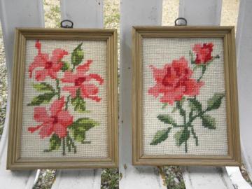 pair framed wool needlepoints, rose floral pictures in wood frames