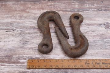 pair huge old iron hooks, antique vintage industrial hardware, grab hooks for chain hoist rigging
