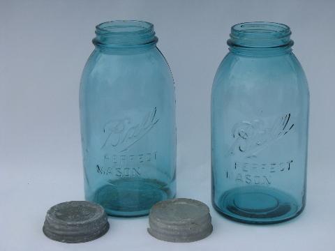 pair large vintage aqua blue glass Ball mason fruit jars w/zinc lids