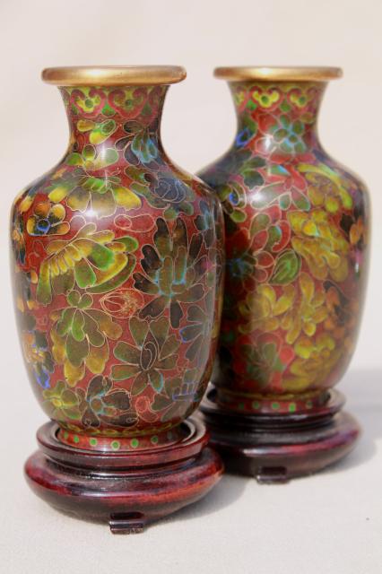 pair miniature Chinese wood stands w/ enameled brass vases, cloisonne or champleve