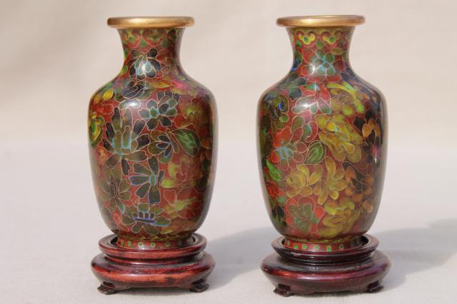 pair miniature Chinese wood stands w/ enameled brass vases, cloisonne or champleve