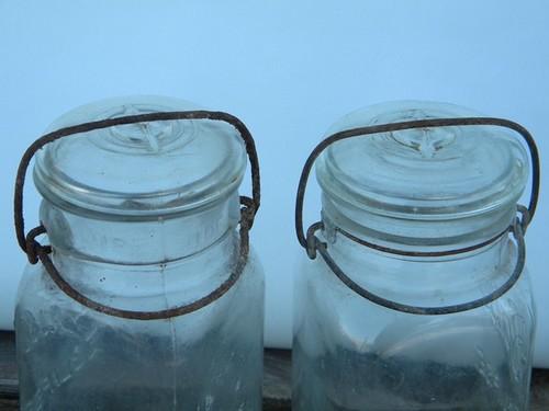 pair of antique Ball Eclipse 1 quart square mason jars, 1908 vintage