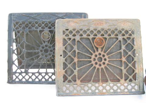 pair of antique adjustable architectural heating register grates vents
