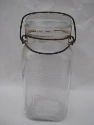 pair of antique vintage square glass Queen fruit jars w/ lightening lids