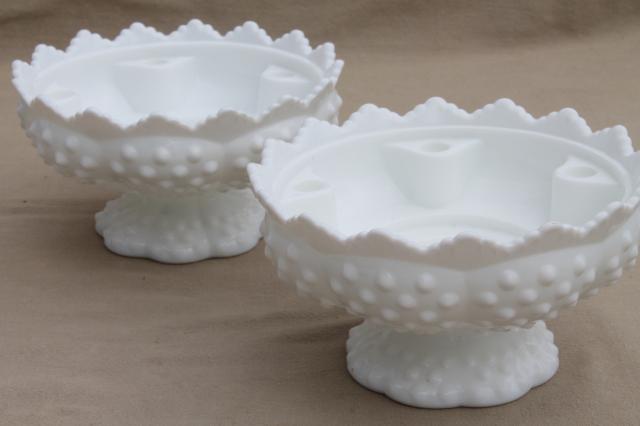 pair of candle / flower bowls, vintage Fenton hobnail milk glass centerpieces