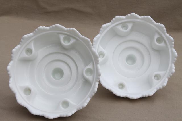 pair of candle / flower bowls, vintage Fenton hobnail milk glass centerpieces