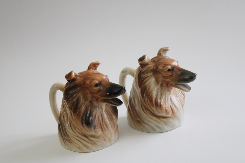 pair of collie dogs Toby mug style pitchers, vintage Japan hand painted ceramic creamers