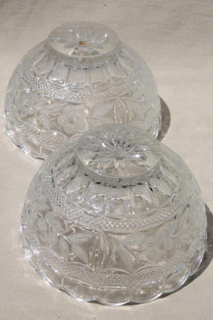 pair of heavy cut crystal clear glass table lamps, vase bases w/ bowl shaped shades