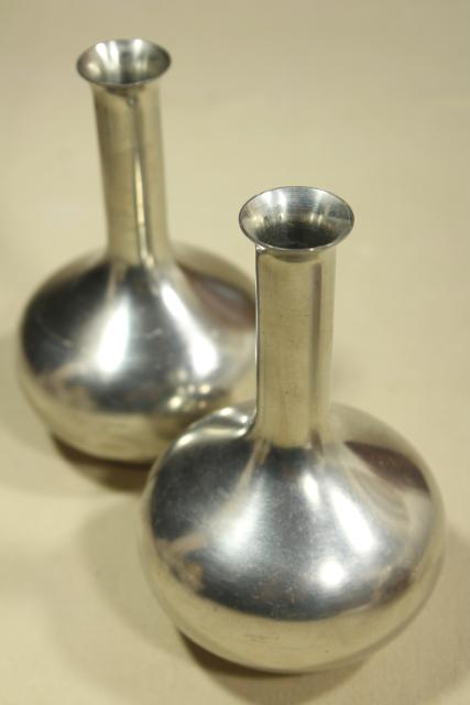 pair of heavy pewter bud vases to hold a few flowers, mid century mod vintage