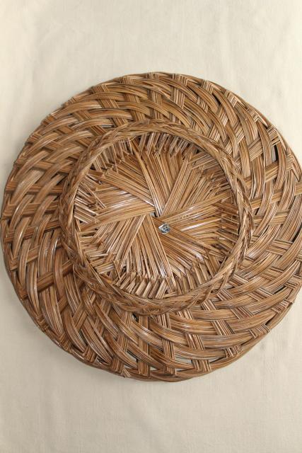 pair of large round basket trays, vintage woven straw herb drying baskets
