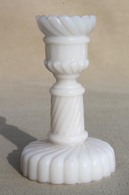 pair of miniature milk glass candlesticks, vintage candle holders sized for birthday candles