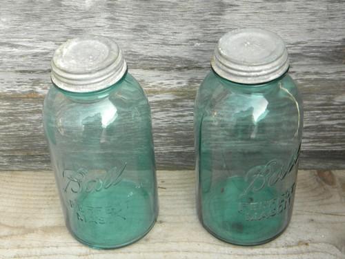 pair of old blue glass Ball mason jar storage canisters w/ lids, 2 qt size