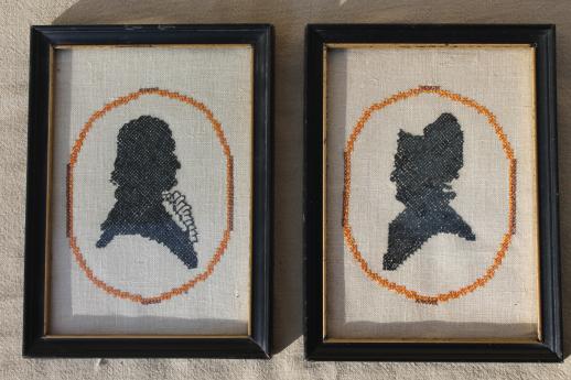 pair of silhouette portraits, framed vintage needlework embroidered pictures