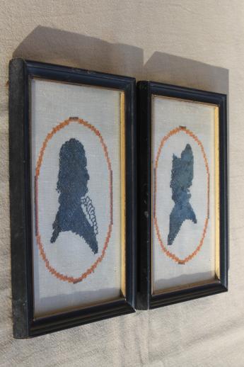 pair of silhouette portraits, framed vintage needlework embroidered pictures