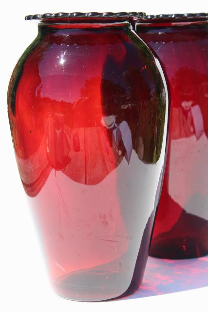 pair of tall Christmas red vases, vintage Anchor Hocking royal ruby glass 