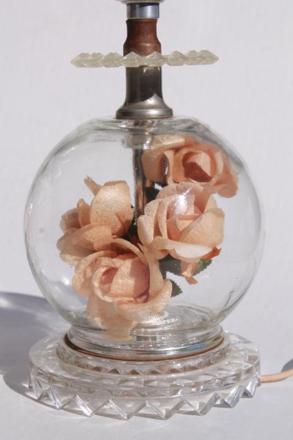 pair of vintage glass boudoir lamps w/ flower globe lamp bases, peach pink roses 