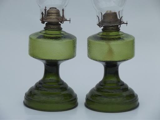 pair of vintage glass oil lamps, homesteader antique chimney lamp w/ shade 