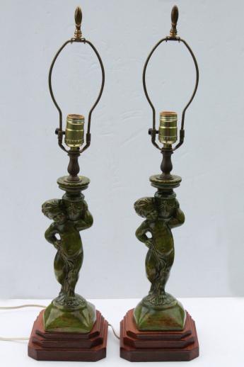 pair of vintage majolica green lamps w/ cherub figures, french country style