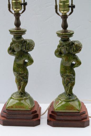 pair of vintage majolica green lamps w/ cherub figures, french country style