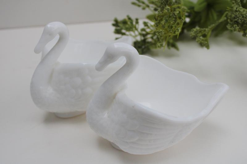 pair of vintage milk glass swans, small trinket dishes or candle holders