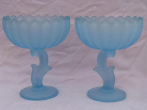 pair of vintage pale blue satin glass flower bowls