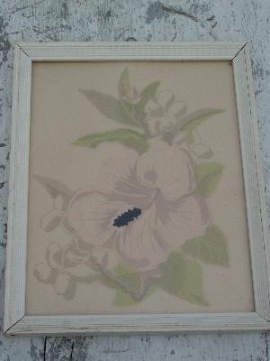 pair old framed 40's floral prints, white paint