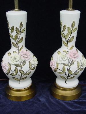 pair old shabby roses vintage china lamps