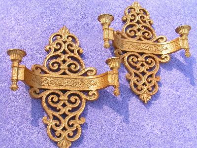 pair ornate gold plastic Syroco wall sconces for candles